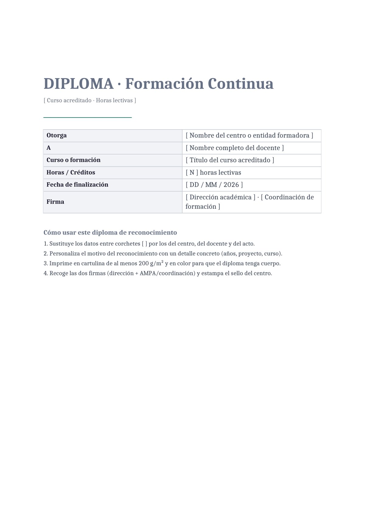 Plantilla Diploma de formación continua para docentes