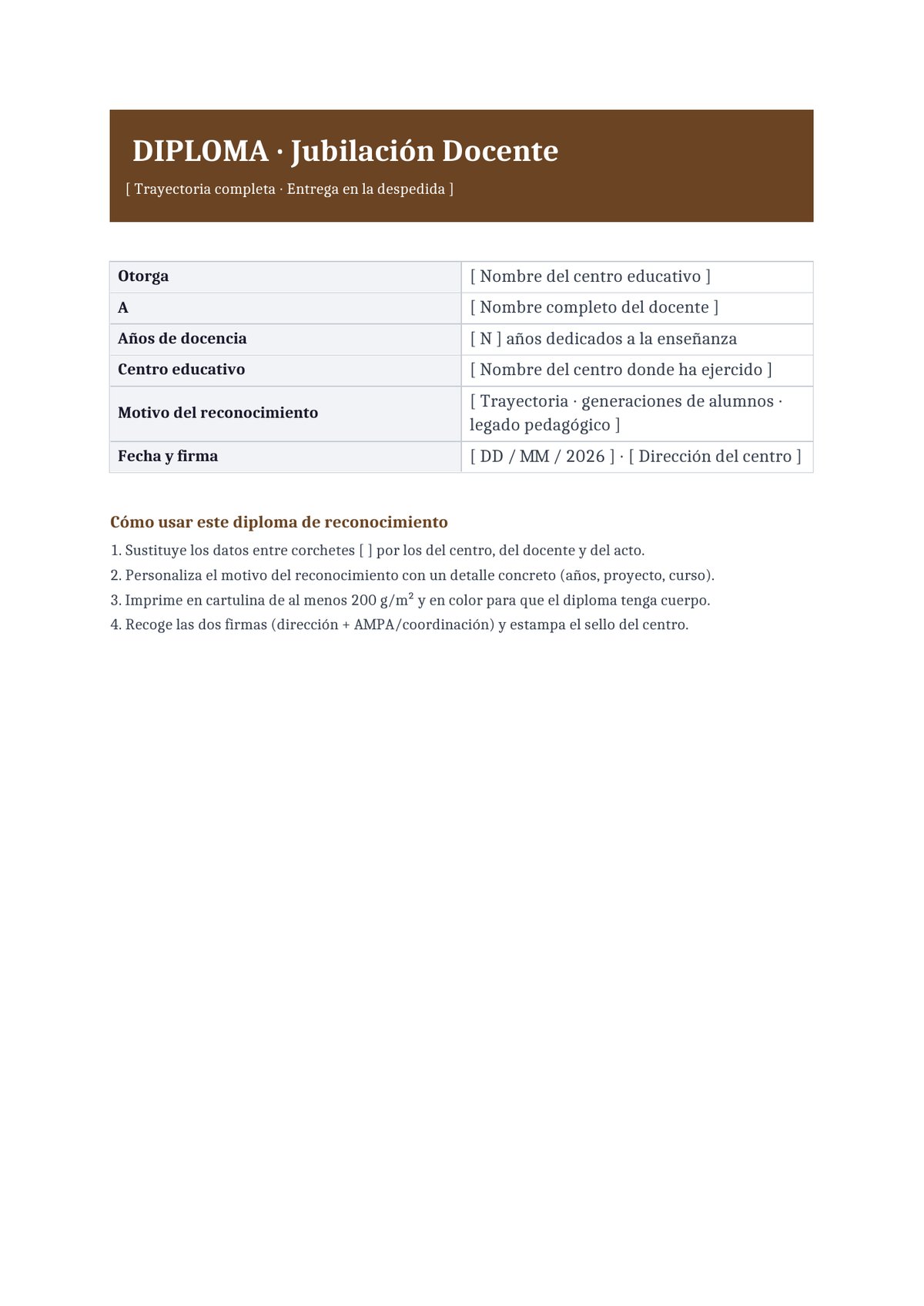 Plantilla Diploma de reconocimiento docente — Jubilación