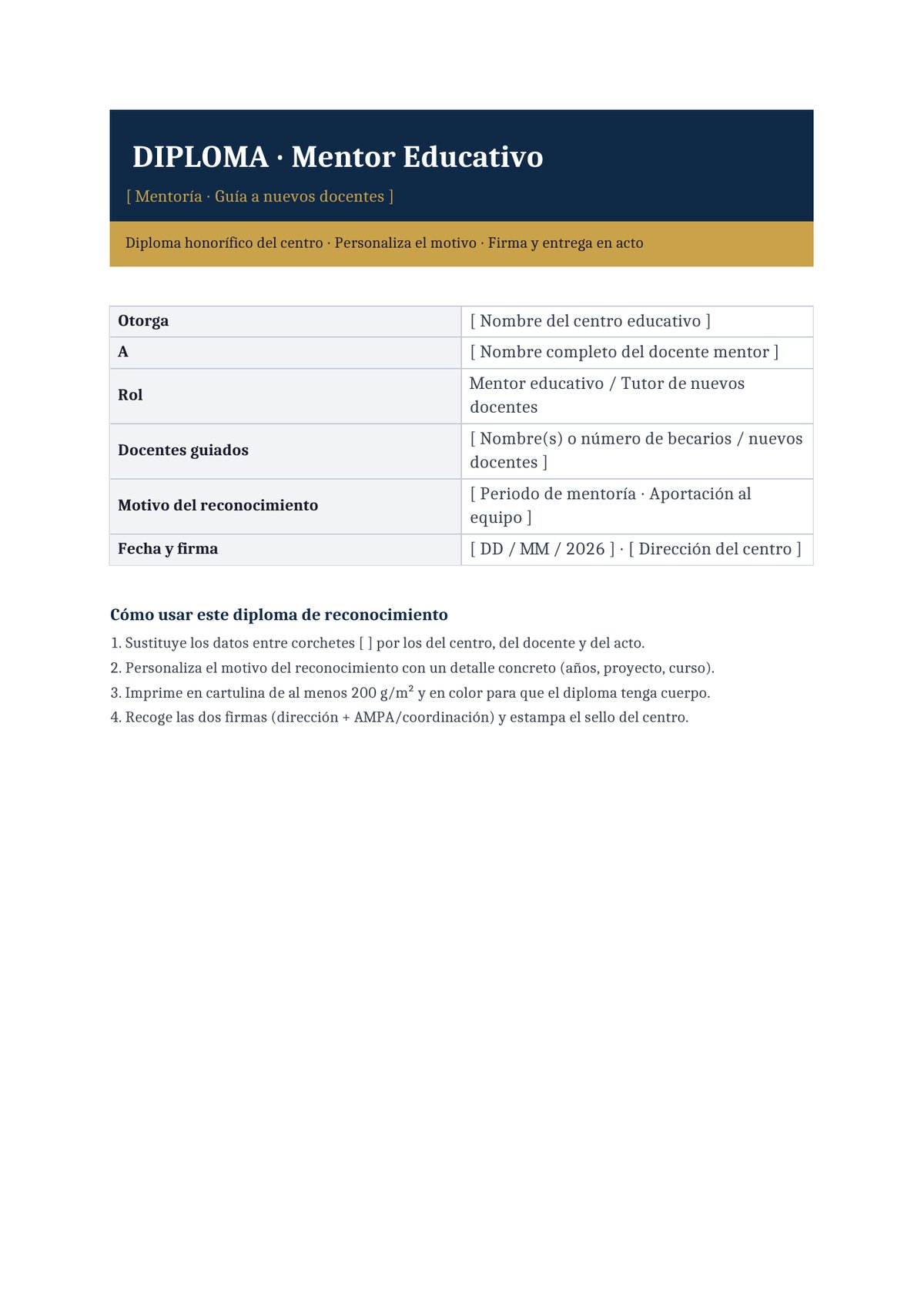 Plantilla Diploma de reconocimiento a mentor educativo