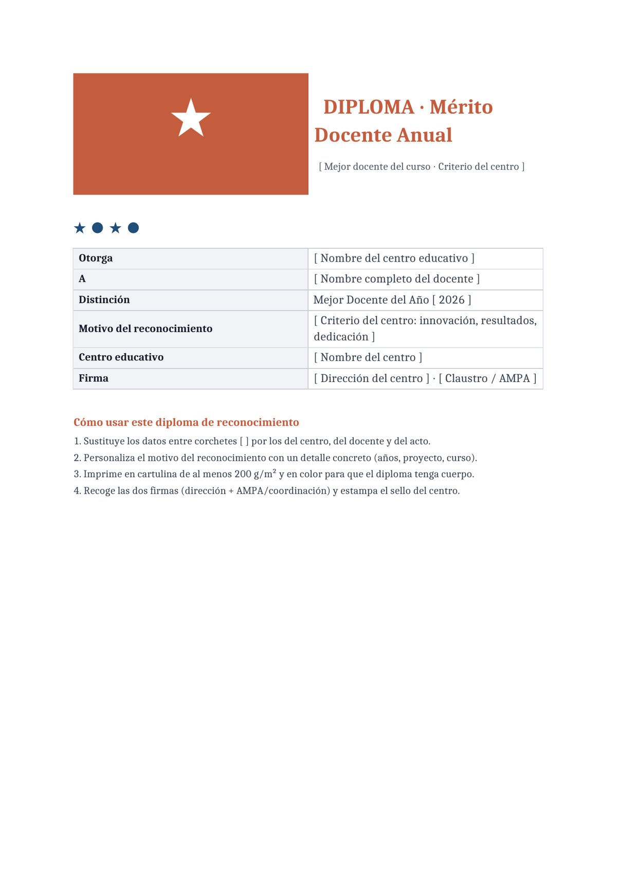 Plantilla Diploma al mérito docente anual