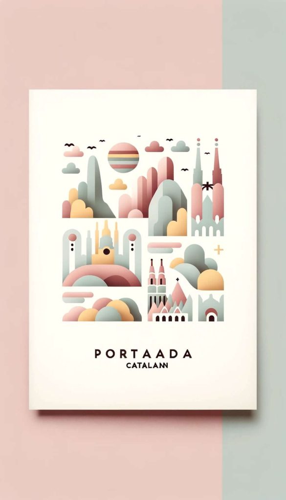 diseño minimalista con suaves colores pastel, que muestra símbolos catalanes icónicos como la montaña de Montserrat y la Sagrada Familia