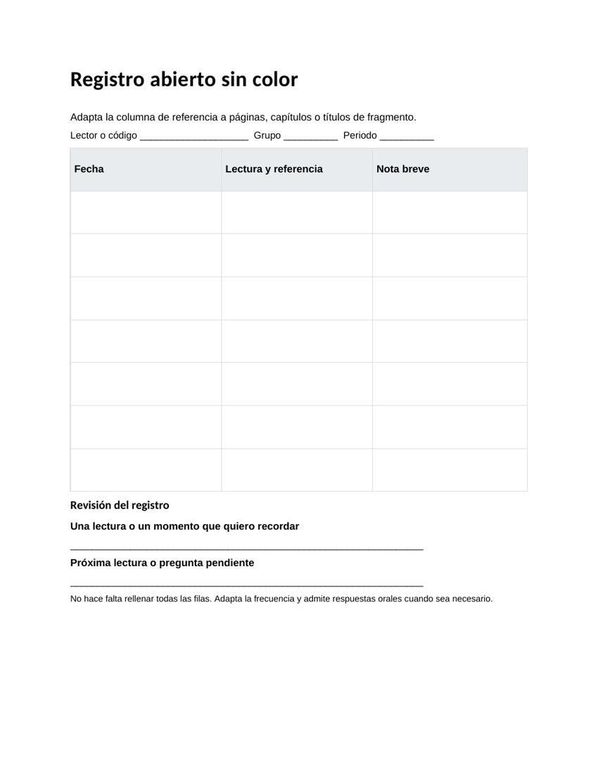 Registro abierto sin color: vista previa del documento