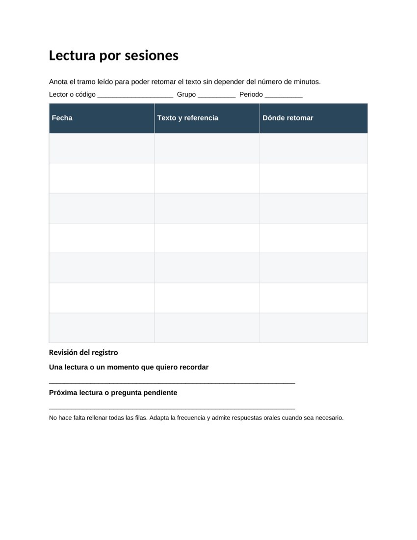 Lectura por sesiones: vista previa del documento