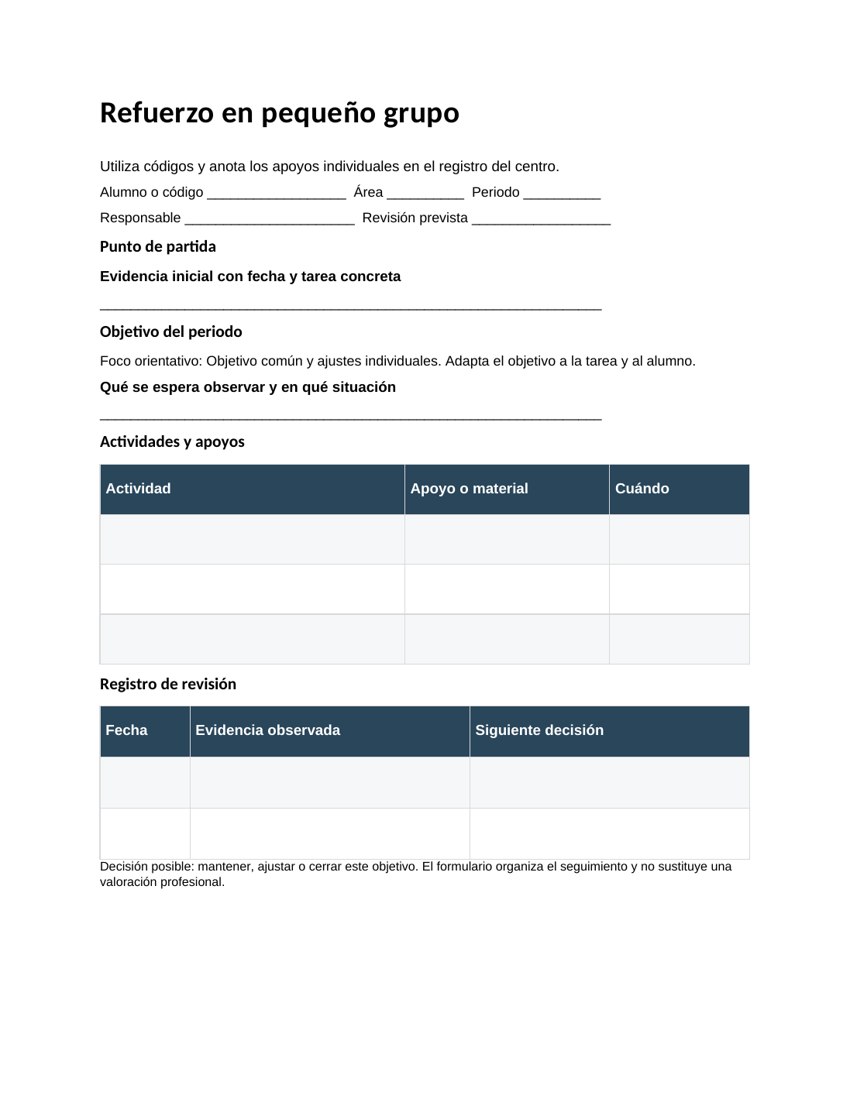 Refuerzo en pequeño grupo: vista previa del documento