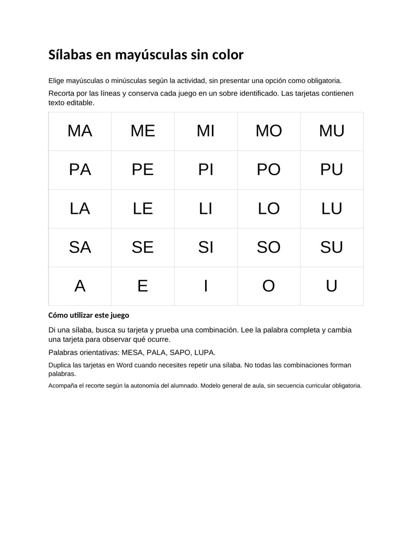 Sílabas en mayúsculas sin color: vista previa del documento