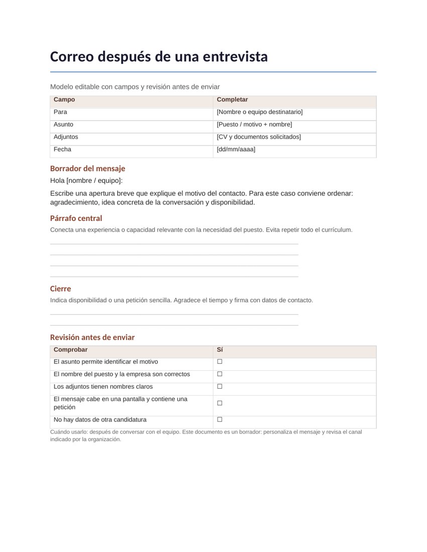 Correo después de una entrevista: vista previa