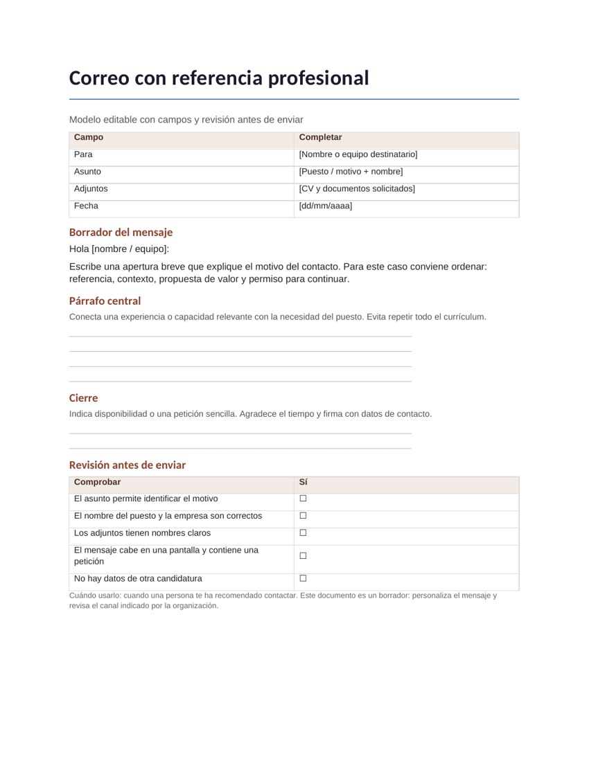 Correo con referencia profesional: vista previa