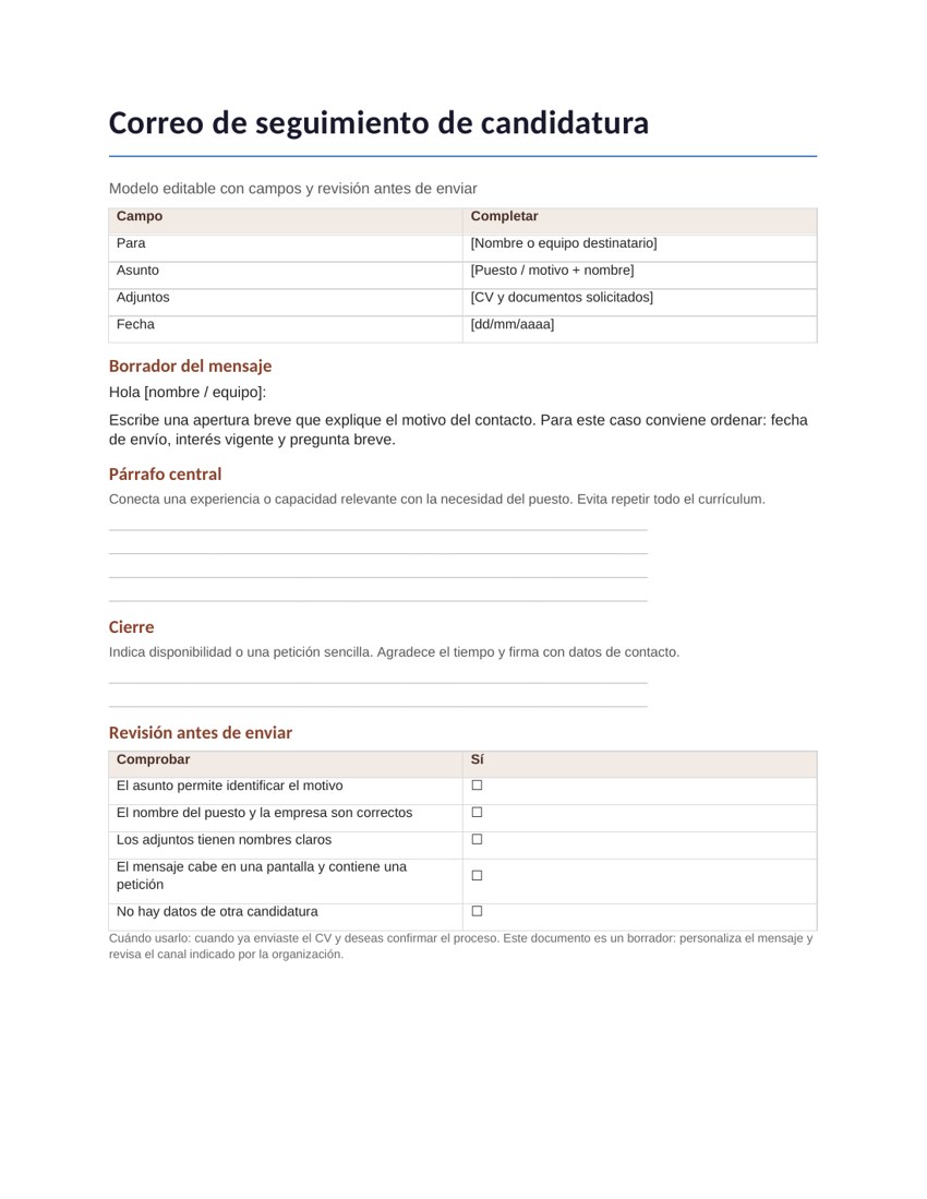 Correo de seguimiento de candidatura: vista previa