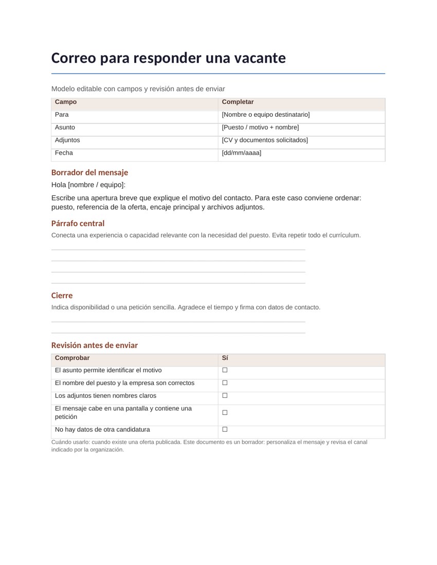 Correo para responder una vacante: vista previa