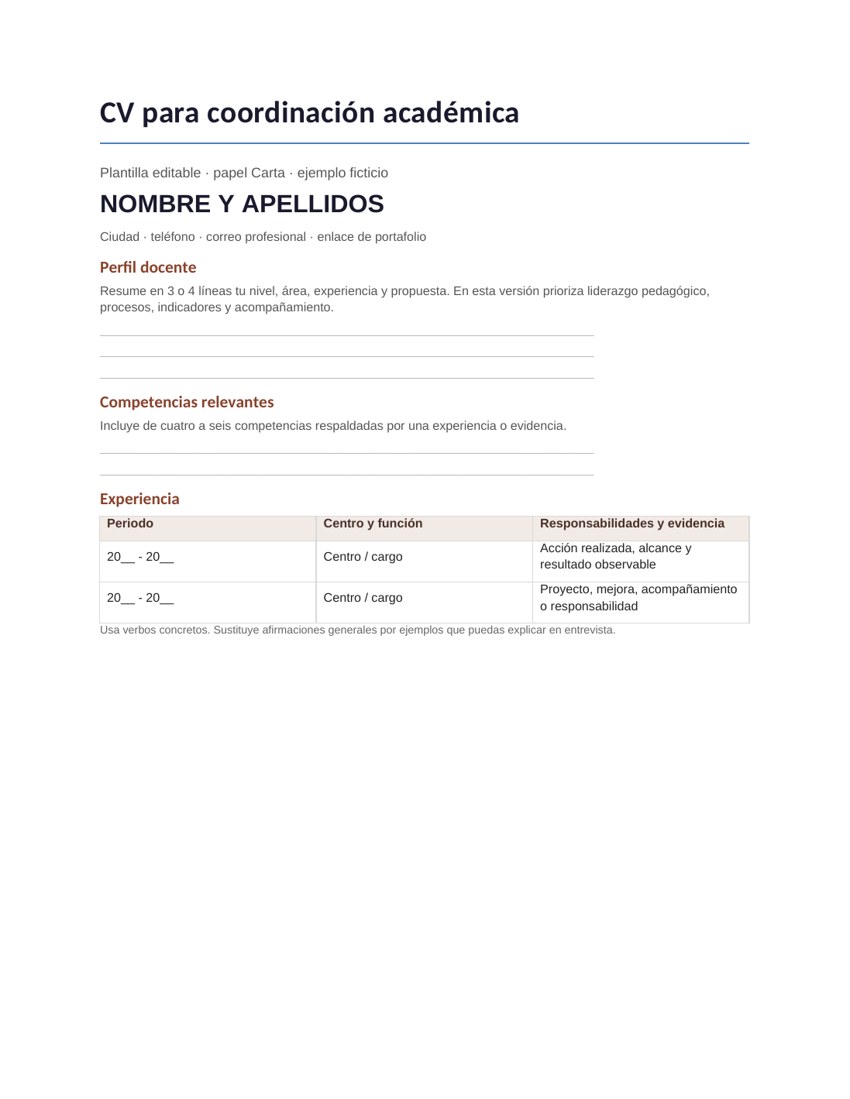 CV para coordinación académica: vista previa