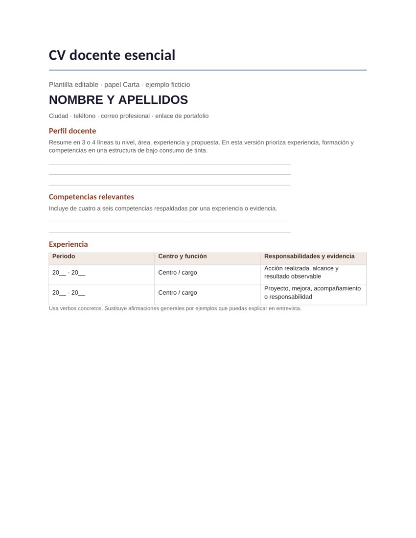 CV docente esencial: vista previa