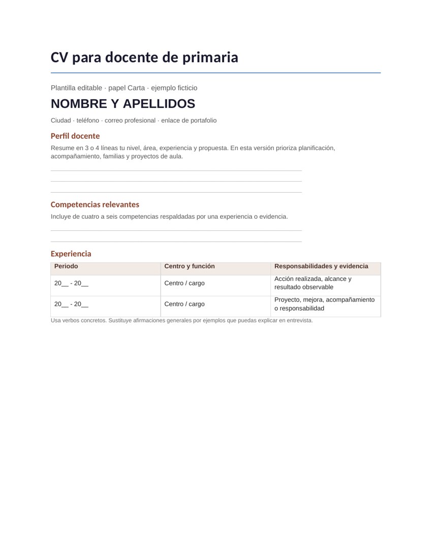 CV para docente de primaria: vista previa