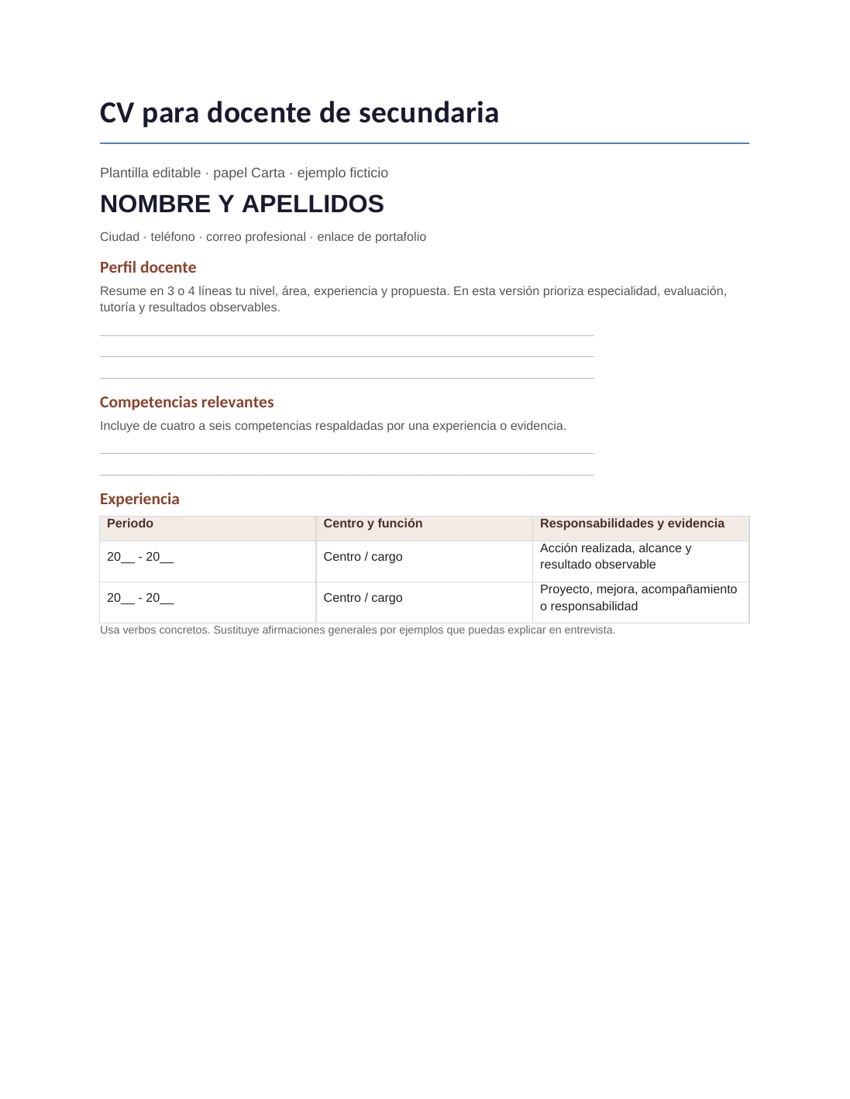 CV para docente de secundaria: vista previa