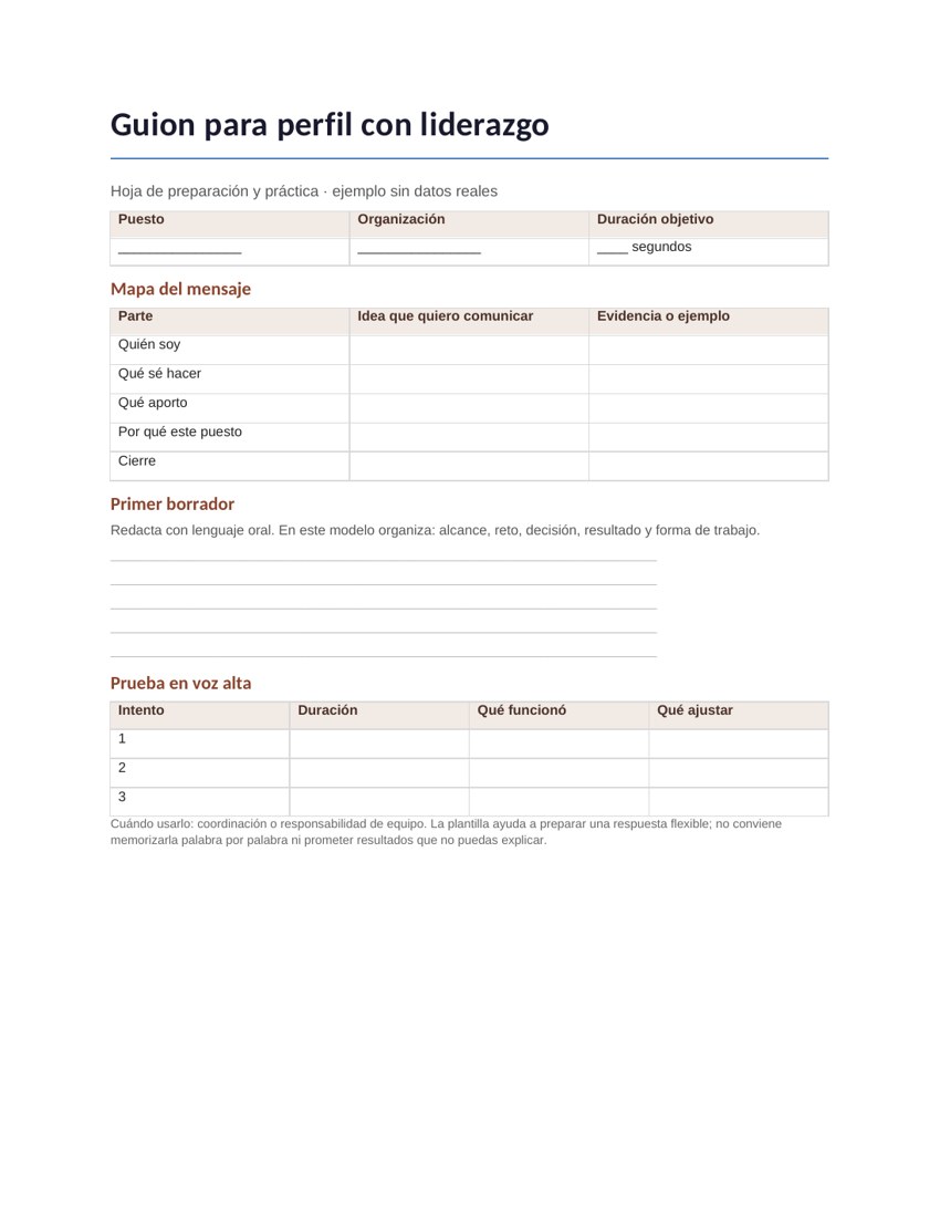 Guion para perfil con liderazgo: vista previa