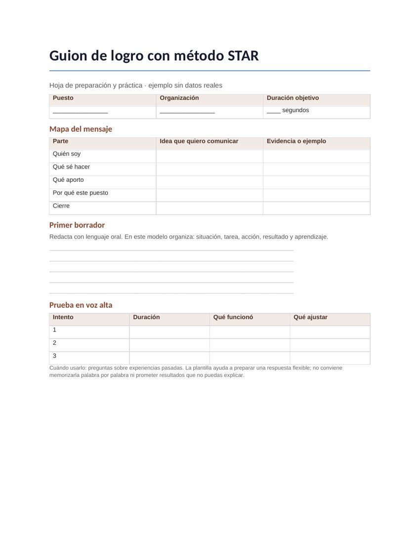 Guion de logro con método STAR: vista previa