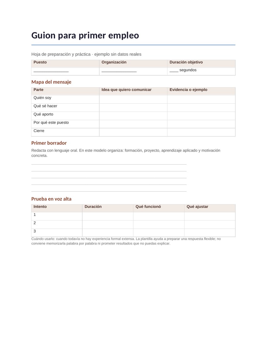 Guion para primer empleo: vista previa