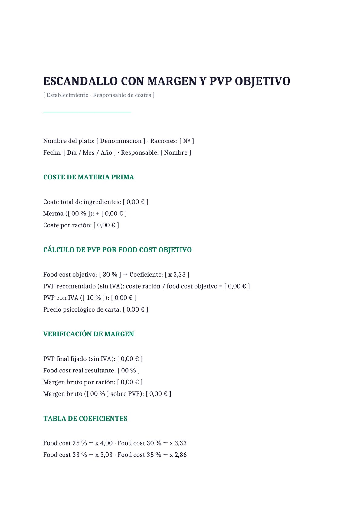 Plantilla Escandallo con margen y PVP objetivo