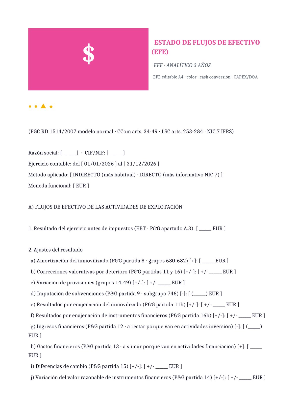 Plantilla Estado de flujos de efectivo analítico (3 ejercicios)