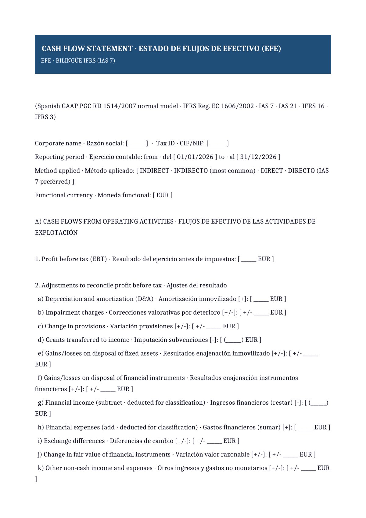 Plantilla Estado de flujos de efectivo bilingüe (ES + EN · IAS 7)