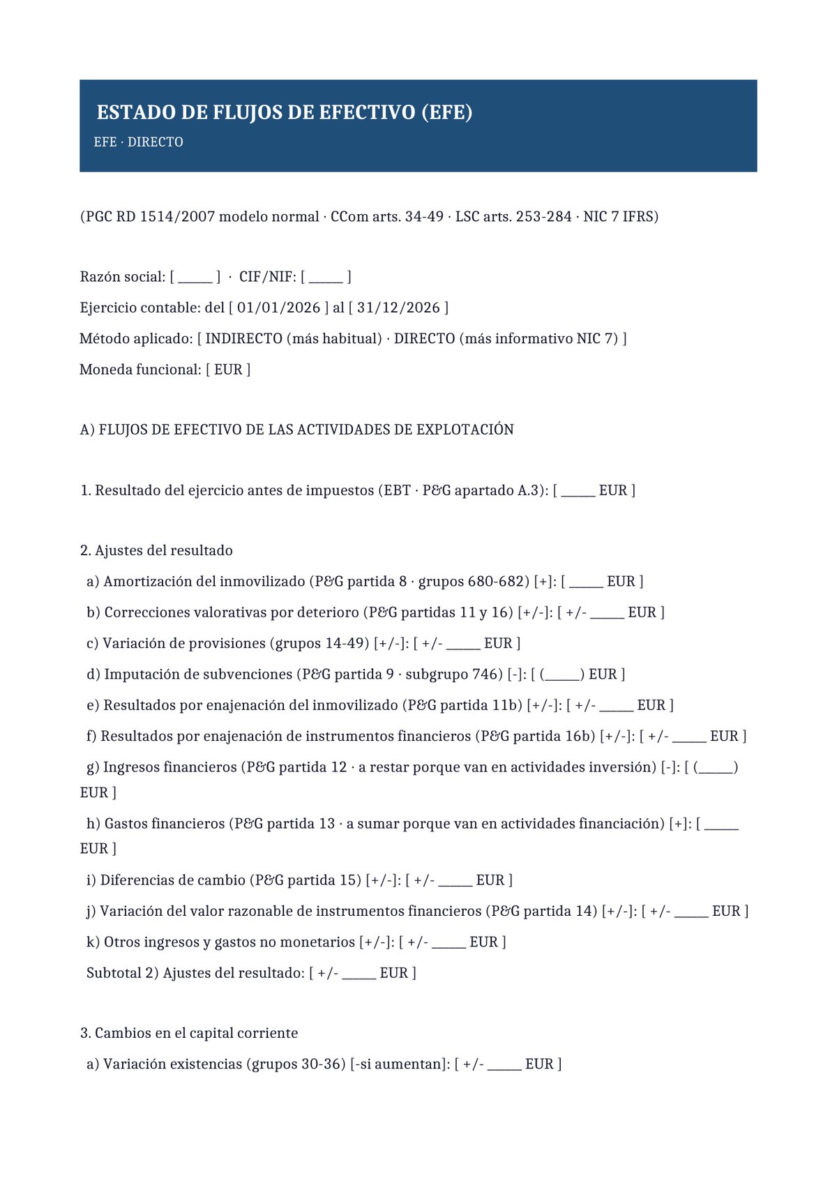 Plantilla Estado de flujos de efectivo (método directo)
