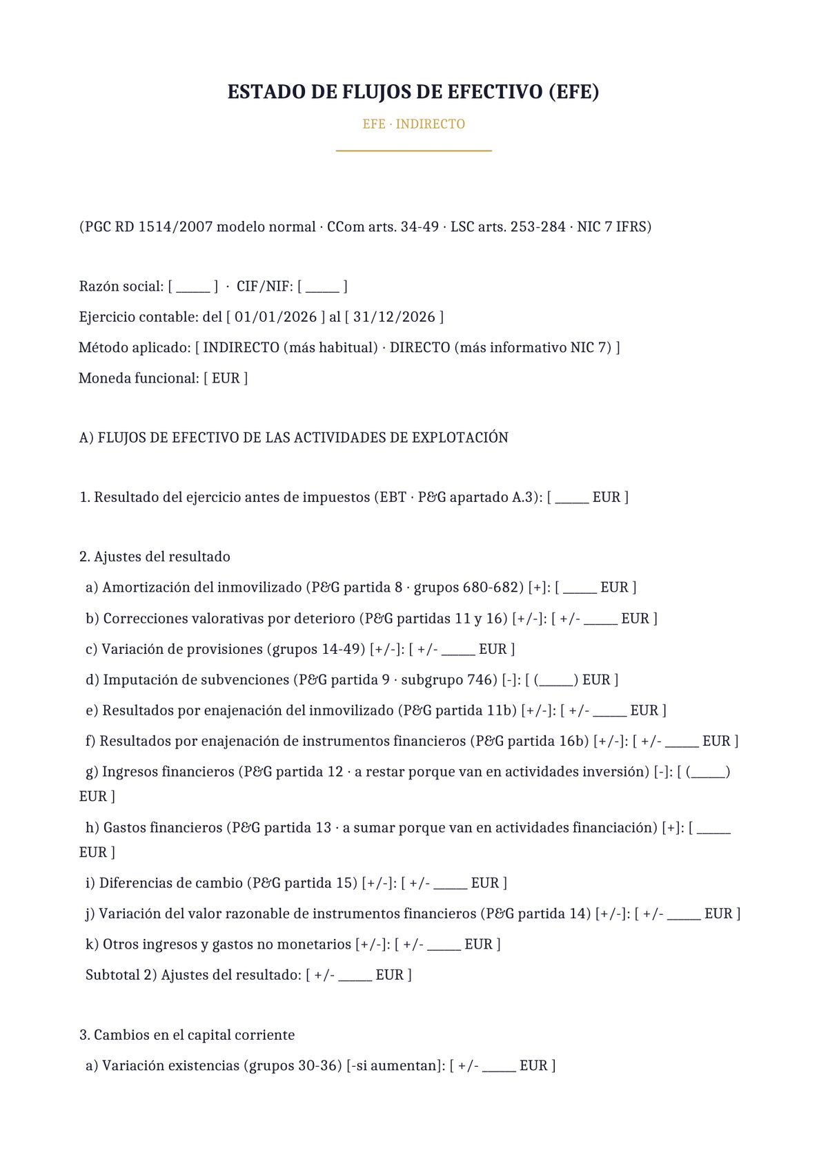 Plantilla Estado de flujos de efectivo (método indirecto)