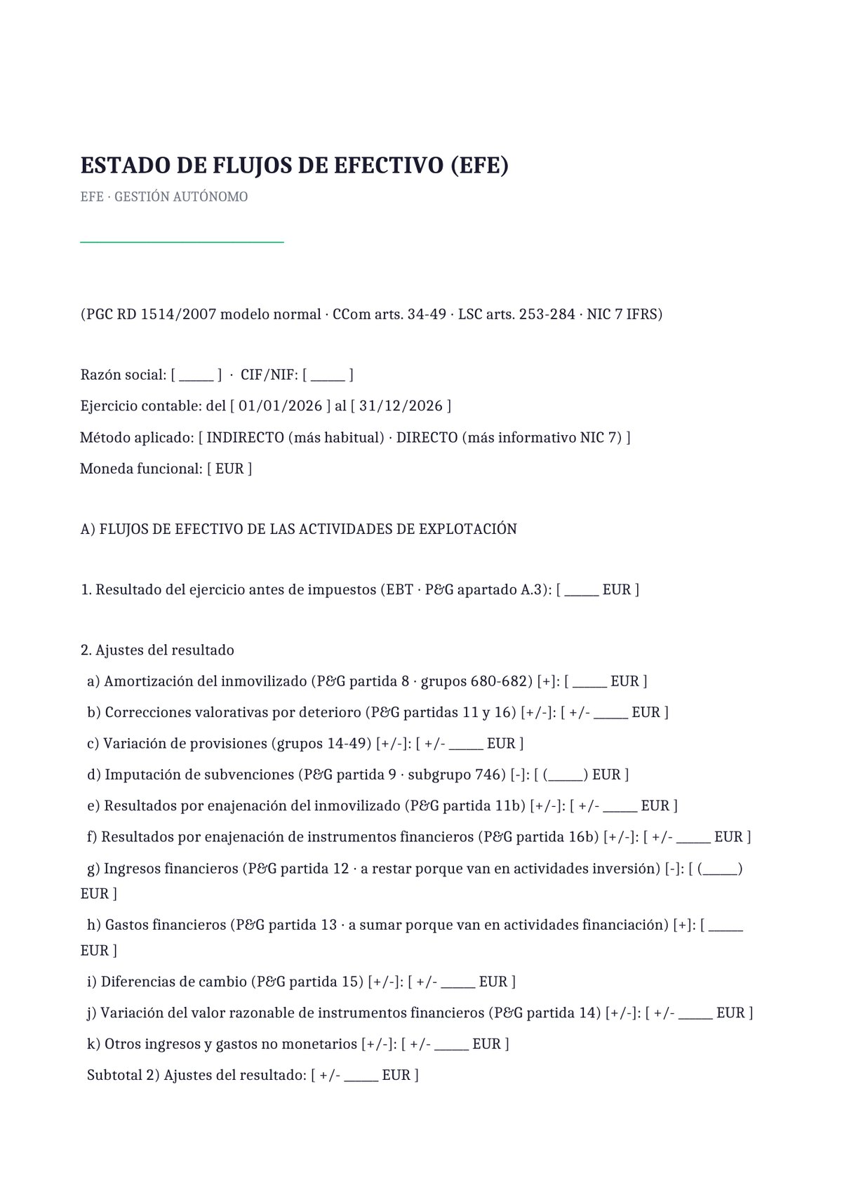 Plantilla Estado de flujos de efectivo simplificado autónomo