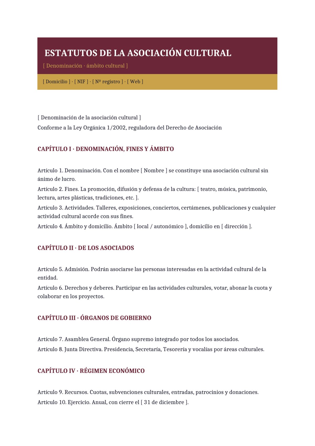 Plantilla Estatutos de asociación cultural