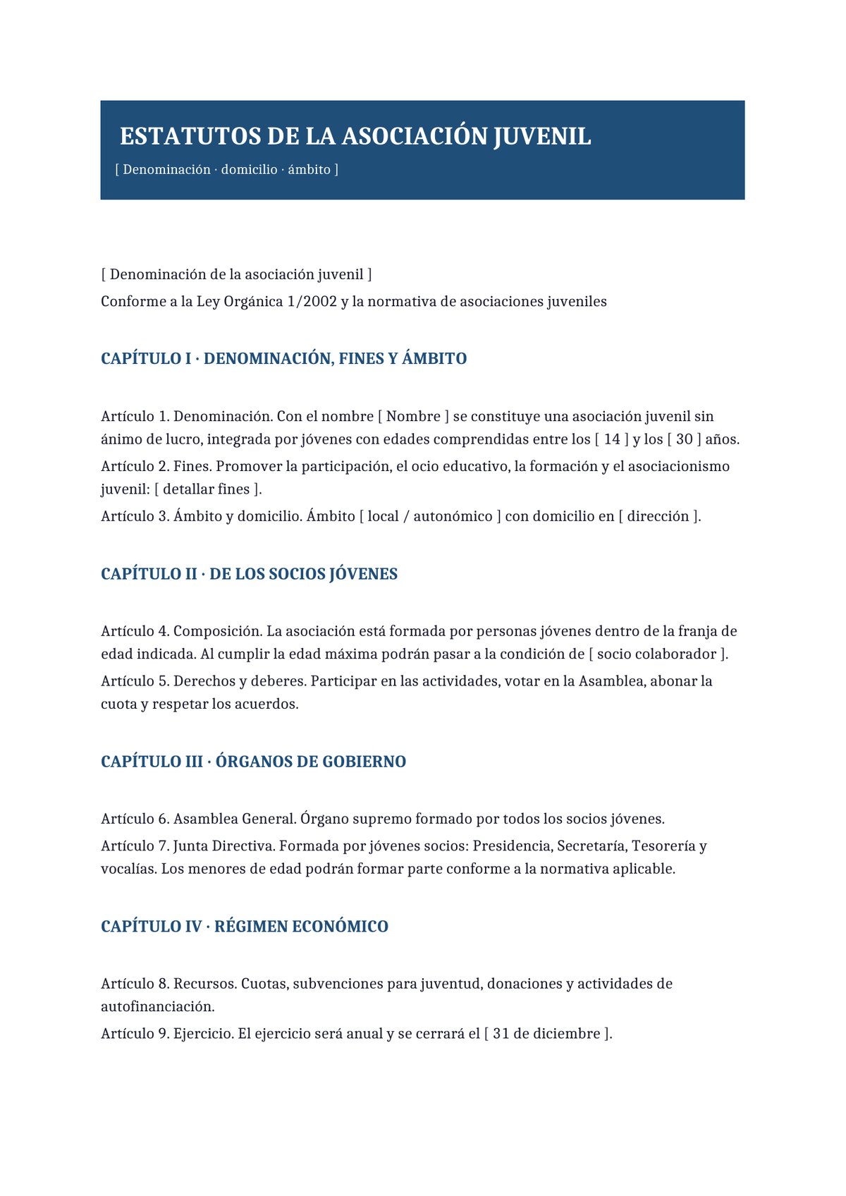 Plantilla Estatutos de asociación juvenil