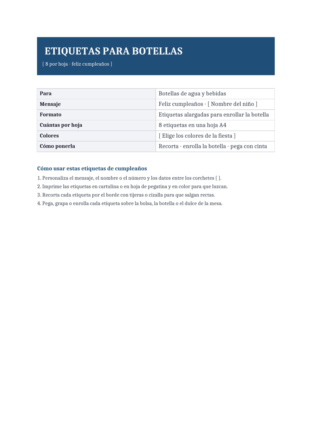 Plantilla Etiquetas para botellas y agua