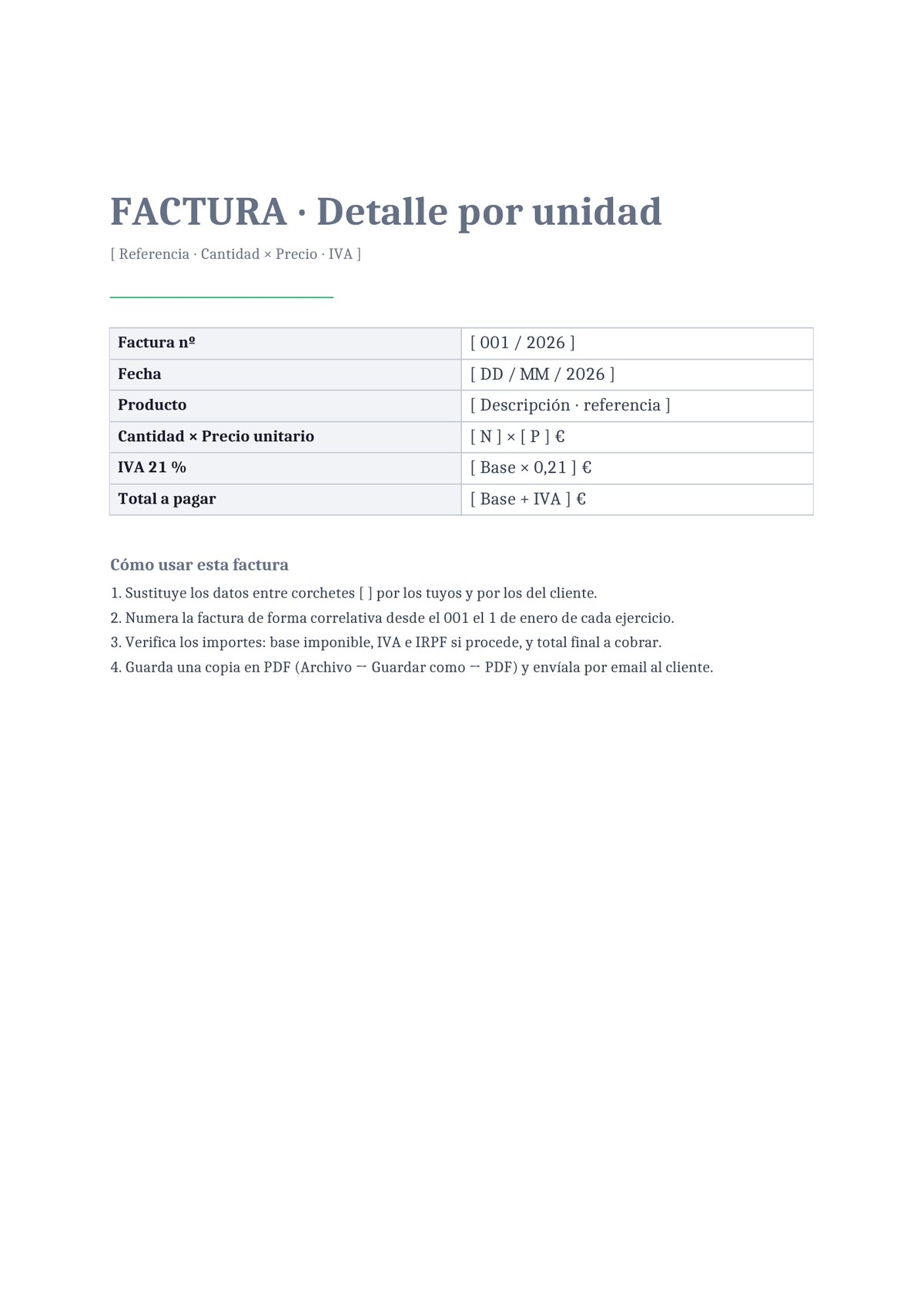 Plantilla Factura de mercancía con detalle unitario