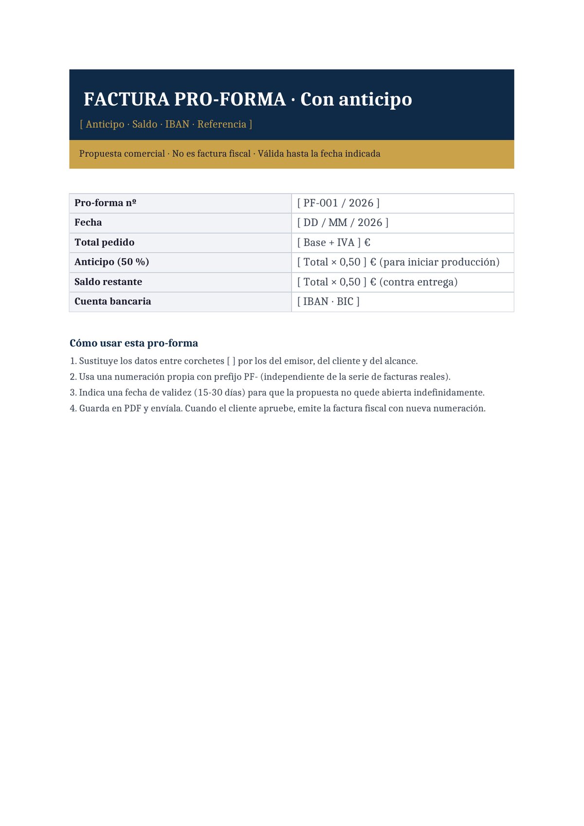 Plantilla Pro-forma con anticipo