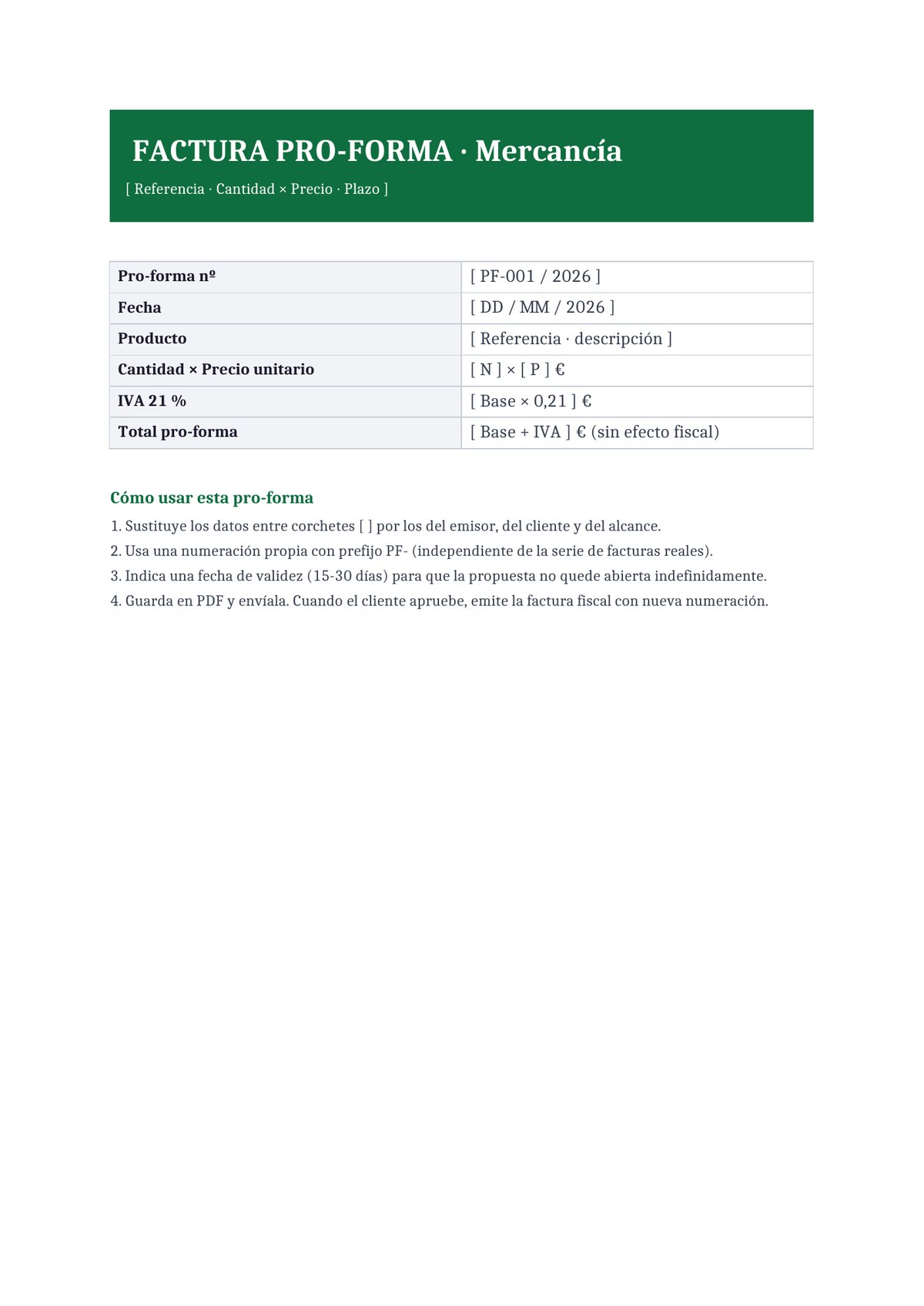 Plantilla Pro-forma de mercancía