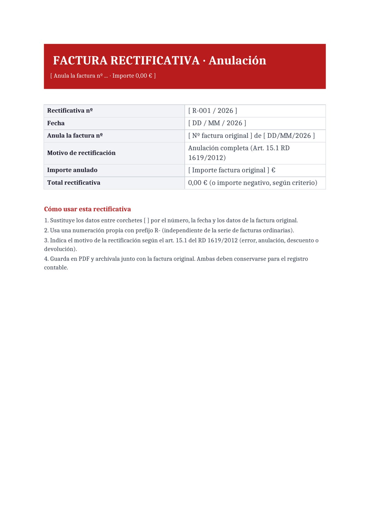 Plantilla Rectificativa por anulación completa