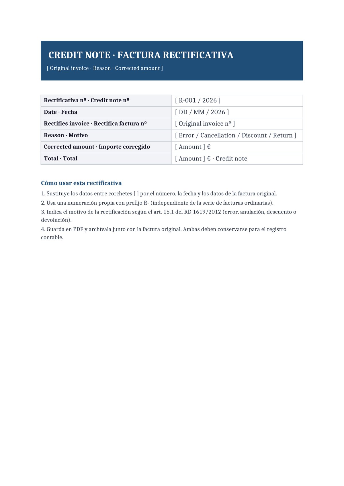 Plantilla Rectificativa bilingüe español + inglés