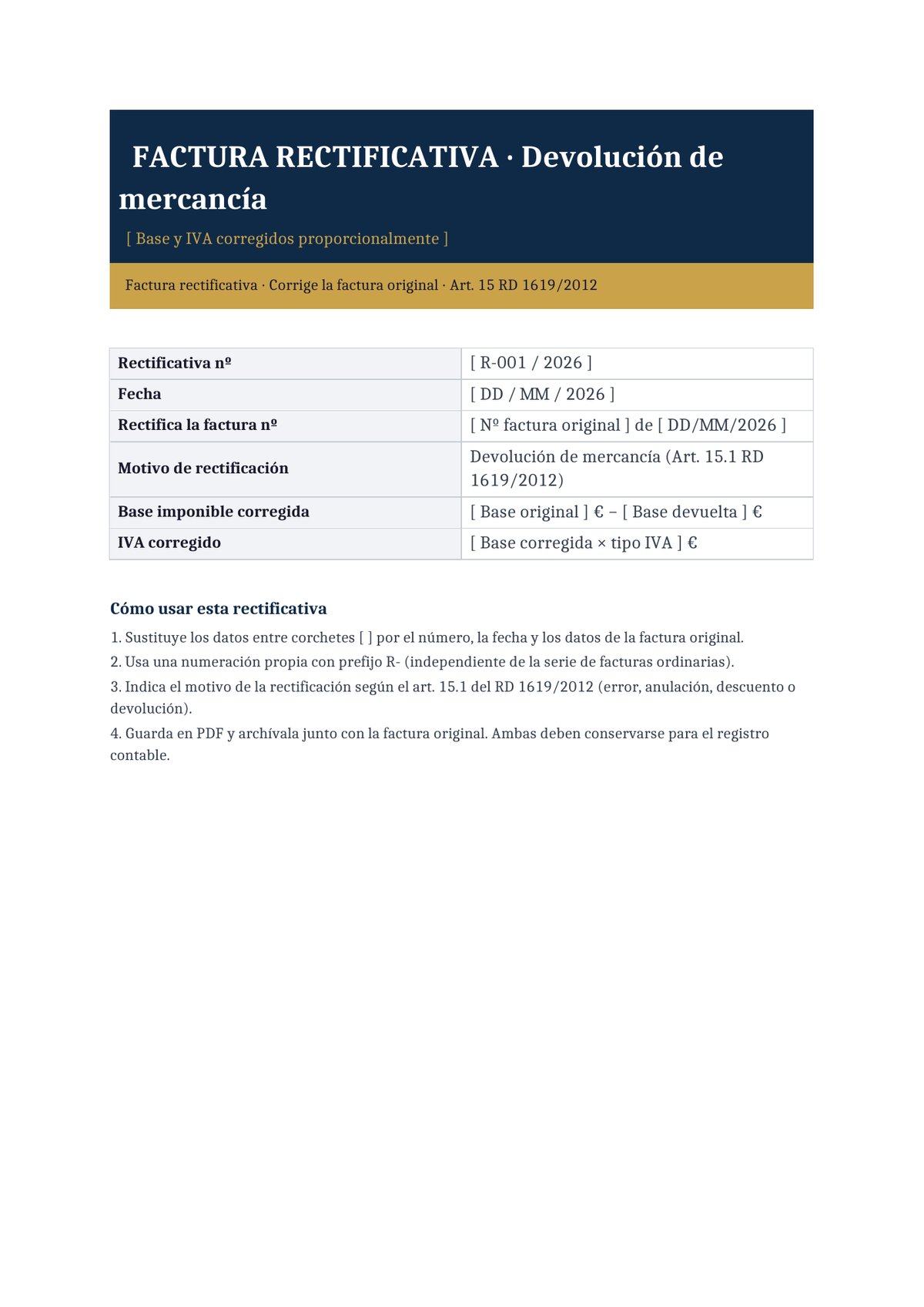 Plantilla Rectificativa por devolución de mercancía