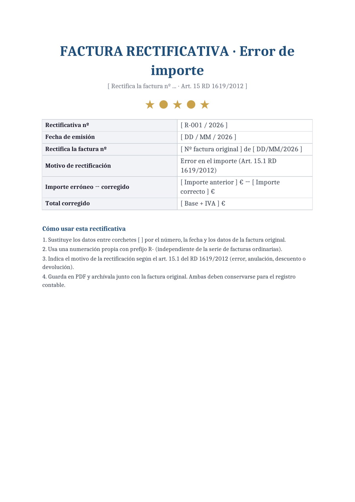 Plantilla Rectificativa por error en importe