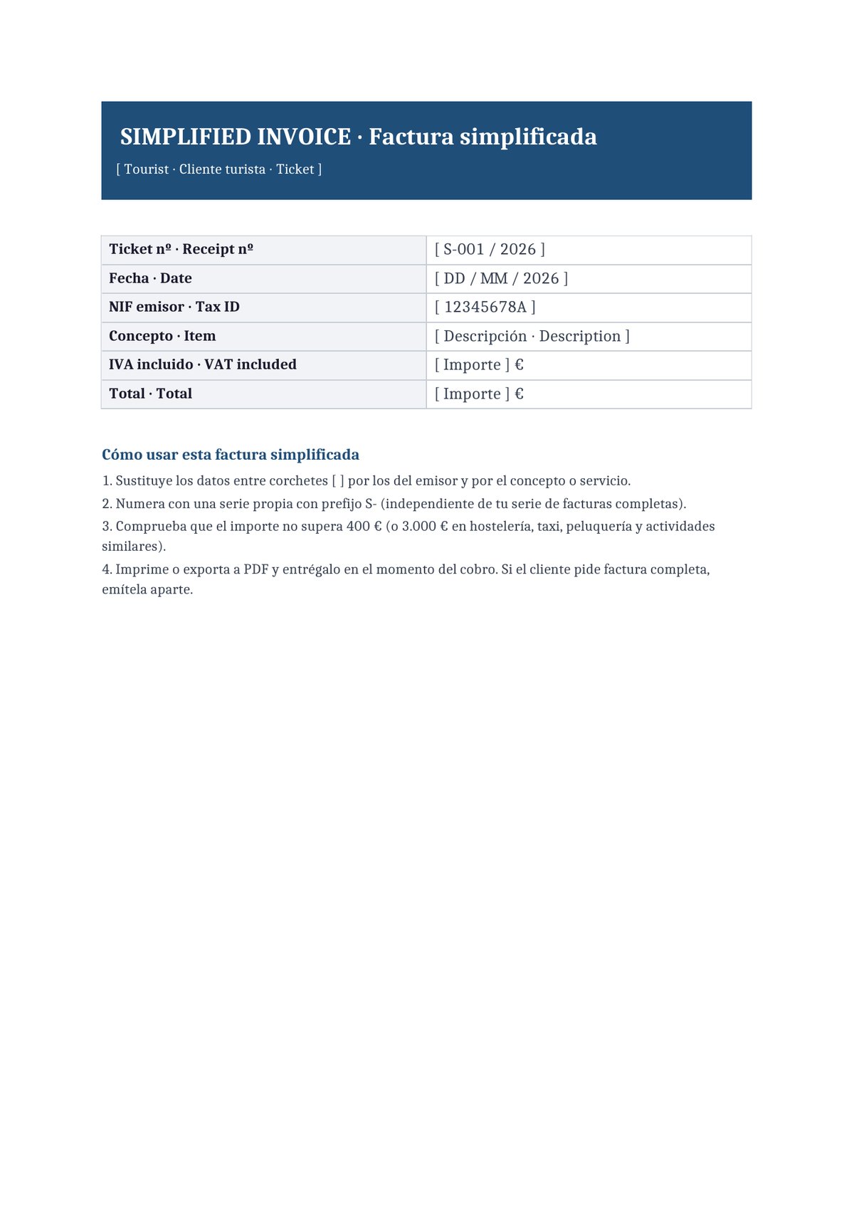 Plantilla Factura simplificada bilingüe español + inglés (turismo)