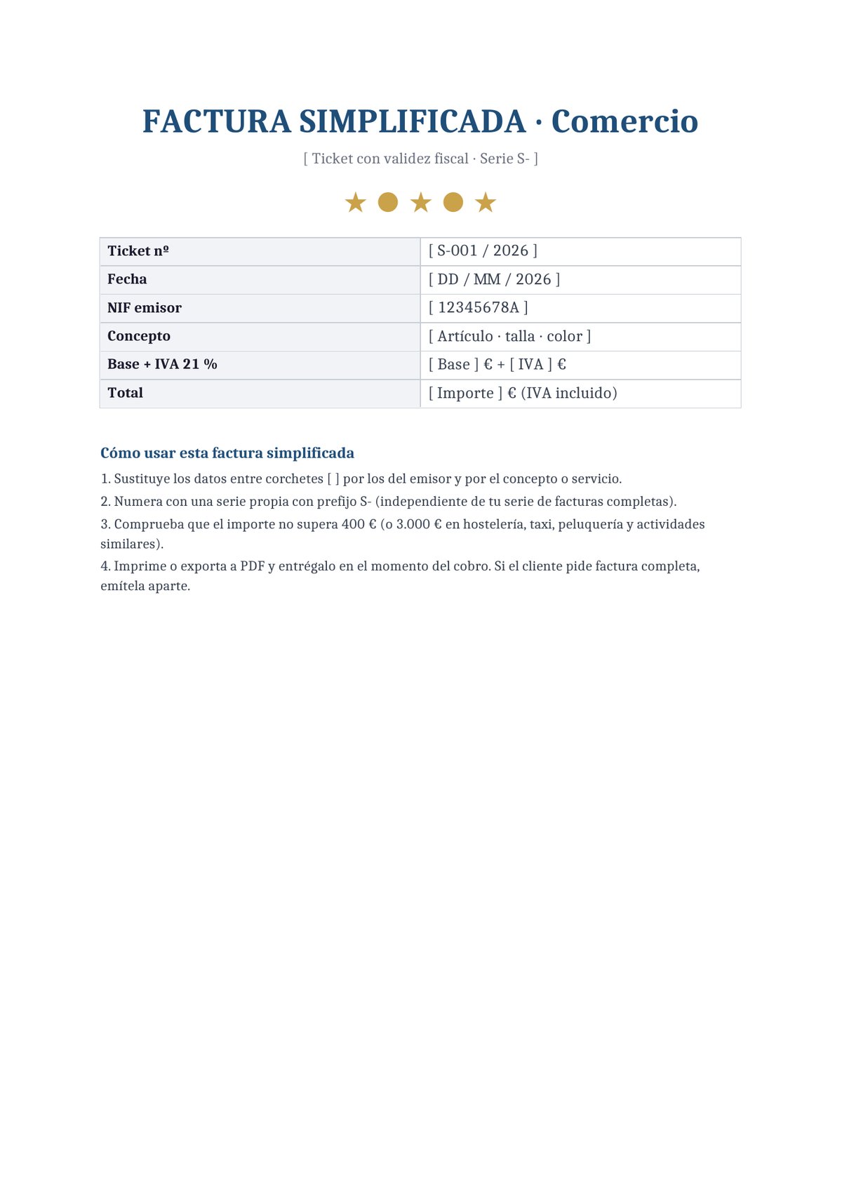 Plantilla Factura simplificada para comercio minorista