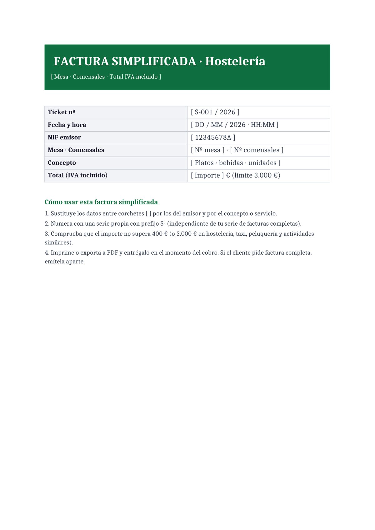 Plantilla Factura simplificada para hostelería (bar, restaurante)