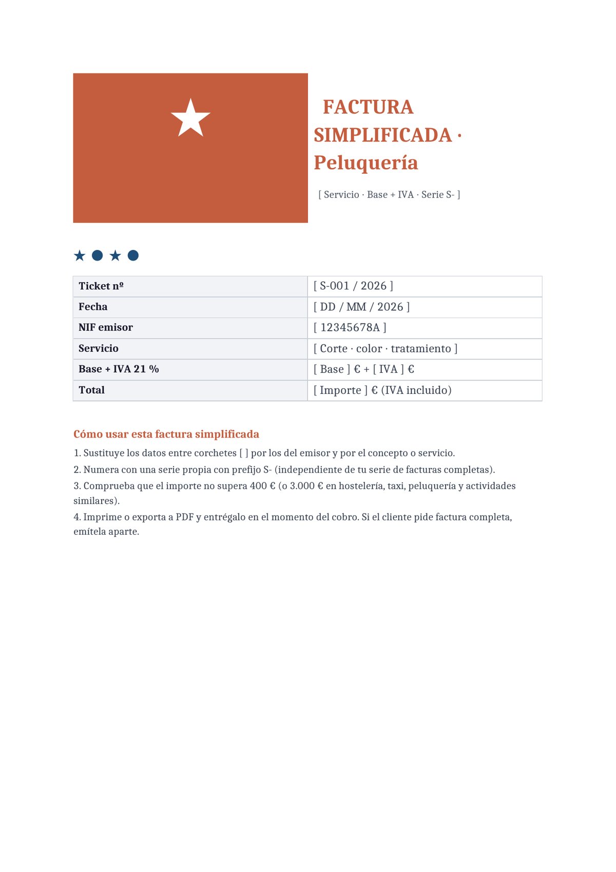 Plantilla Factura simplificada para peluquería y estética