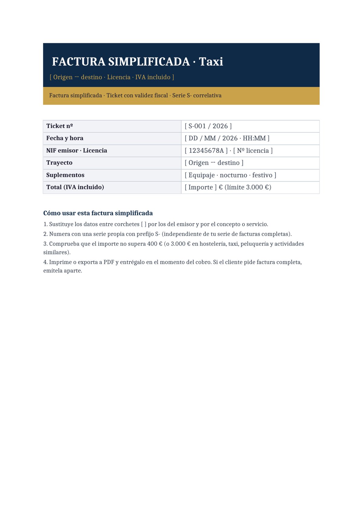 Plantilla Factura simplificada para taxi y transporte de pasajeros