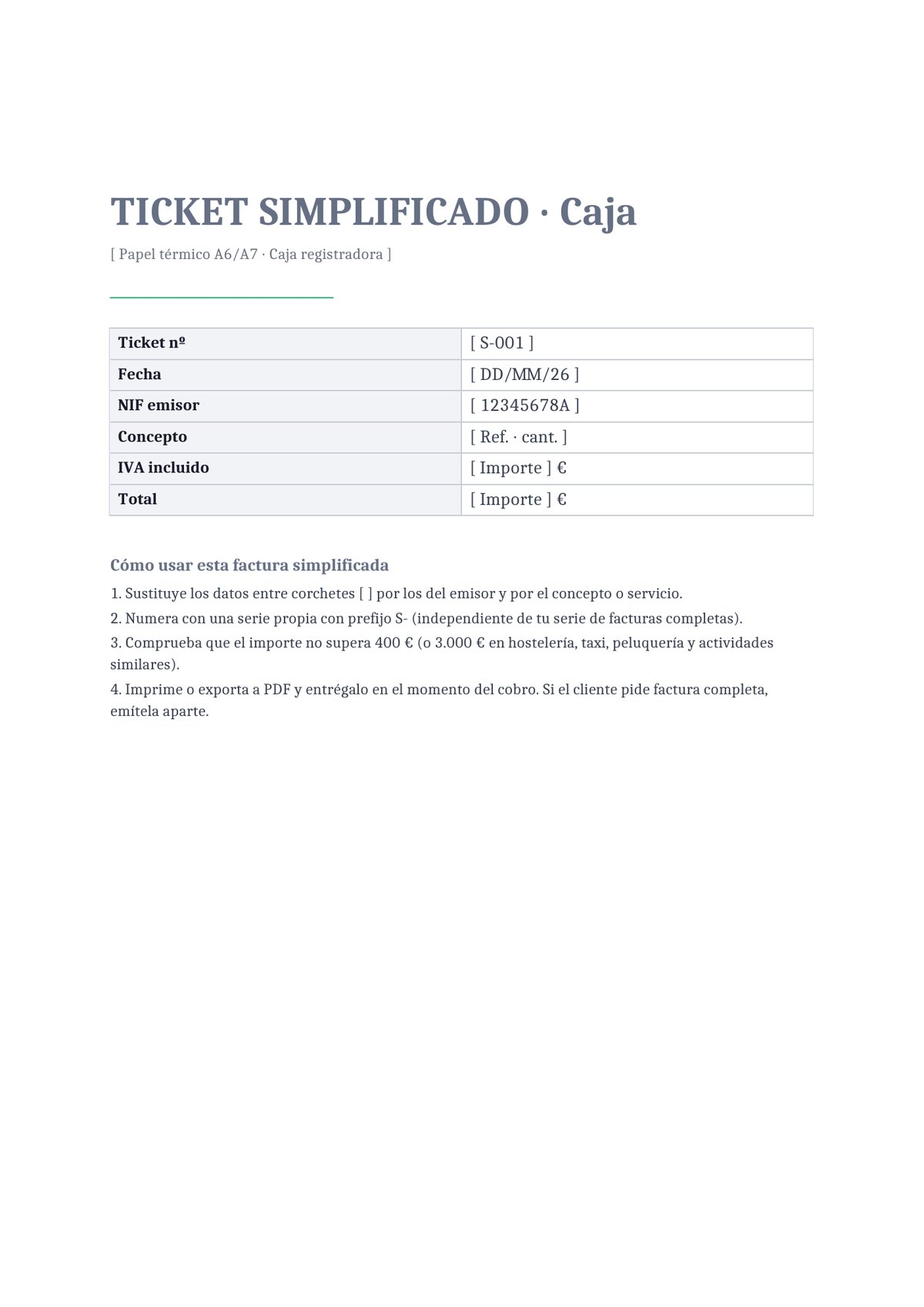 Plantilla Factura simplificada en formato ticket pequeño (caja registradora)
