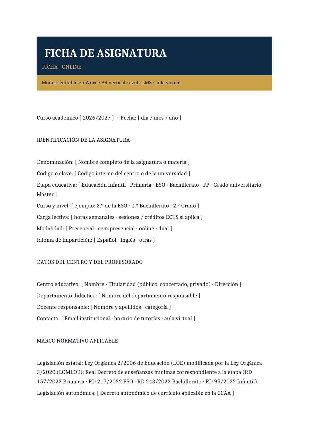 Plantilla Ficha de asignatura online / e-learning