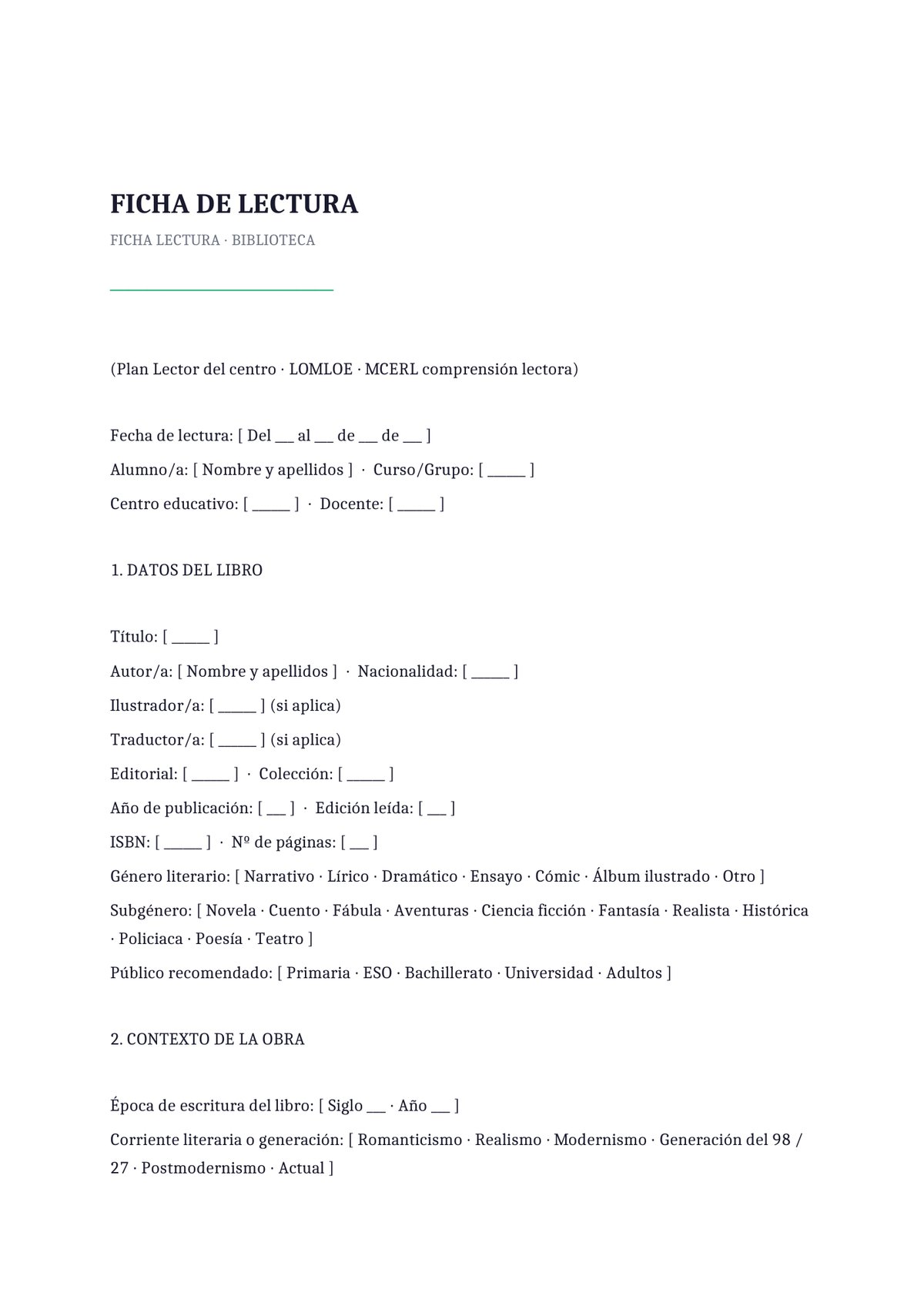 Plantilla Ficha de lectura biblioteca