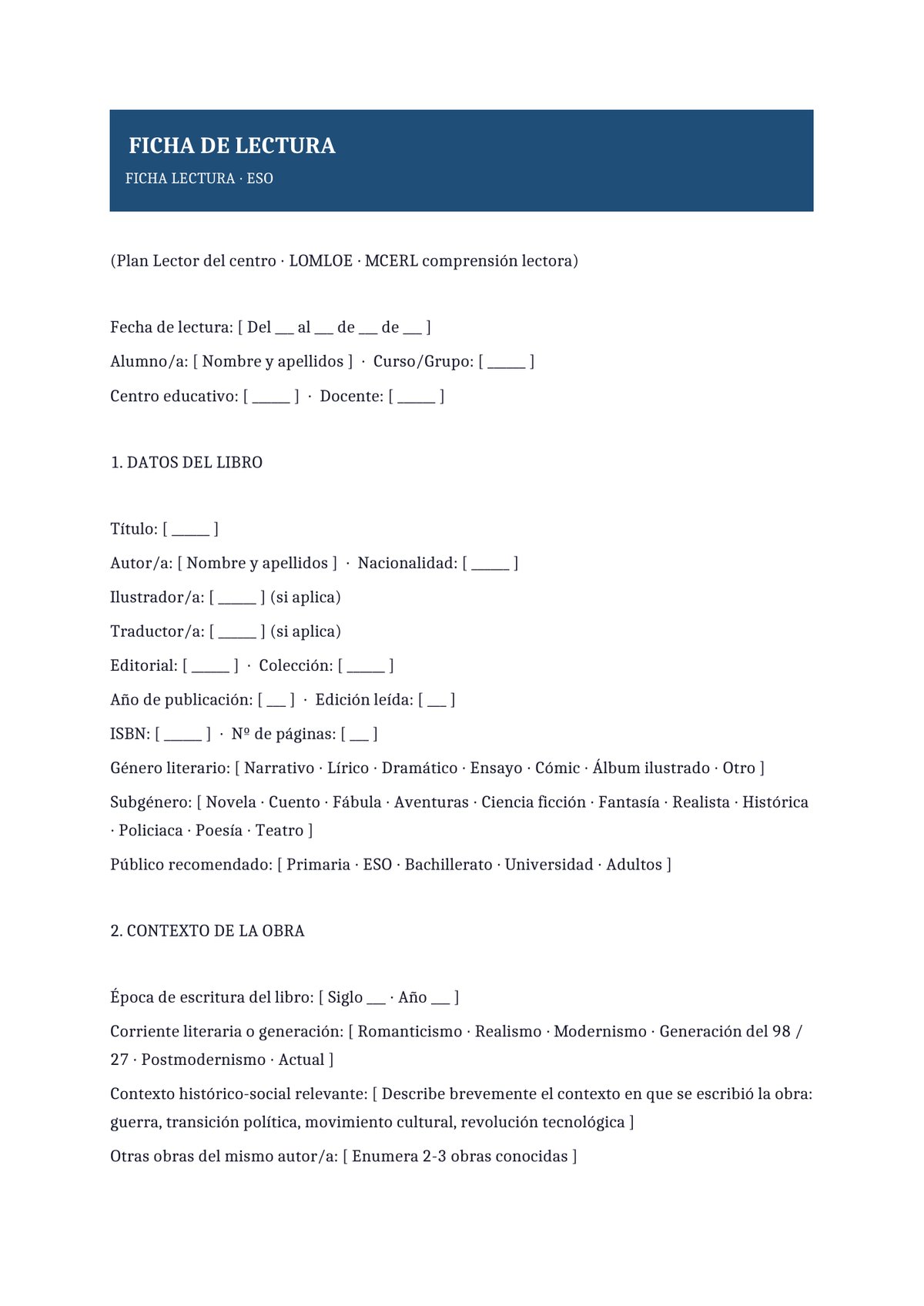 Plantilla Ficha de lectura ESO