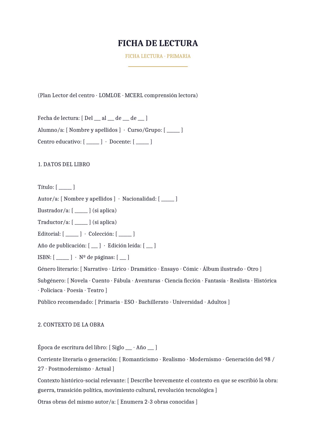 Plantilla Ficha de lectura primaria
