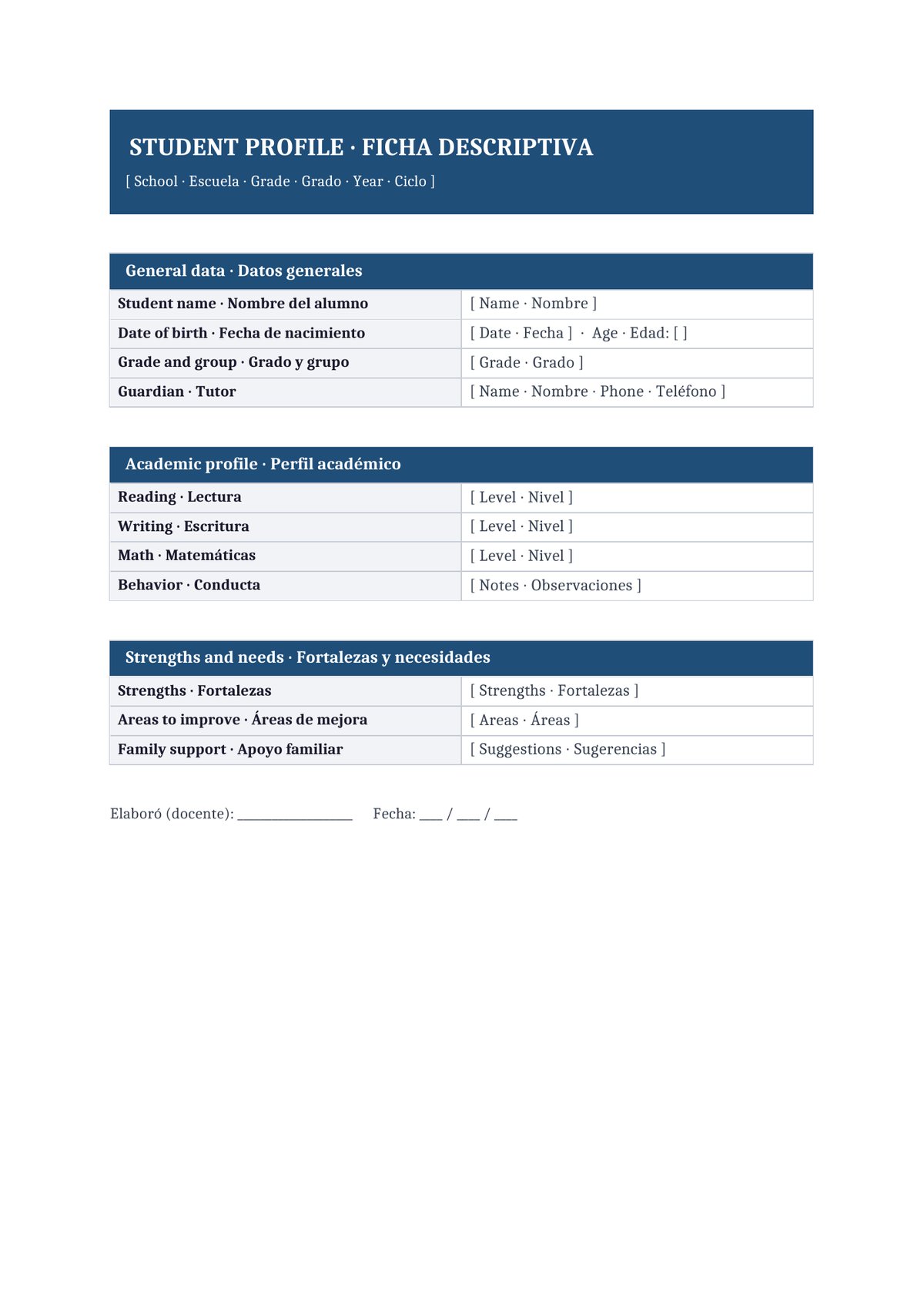 Plantilla Ficha descriptiva del alumno bilingüe (ES + EN)