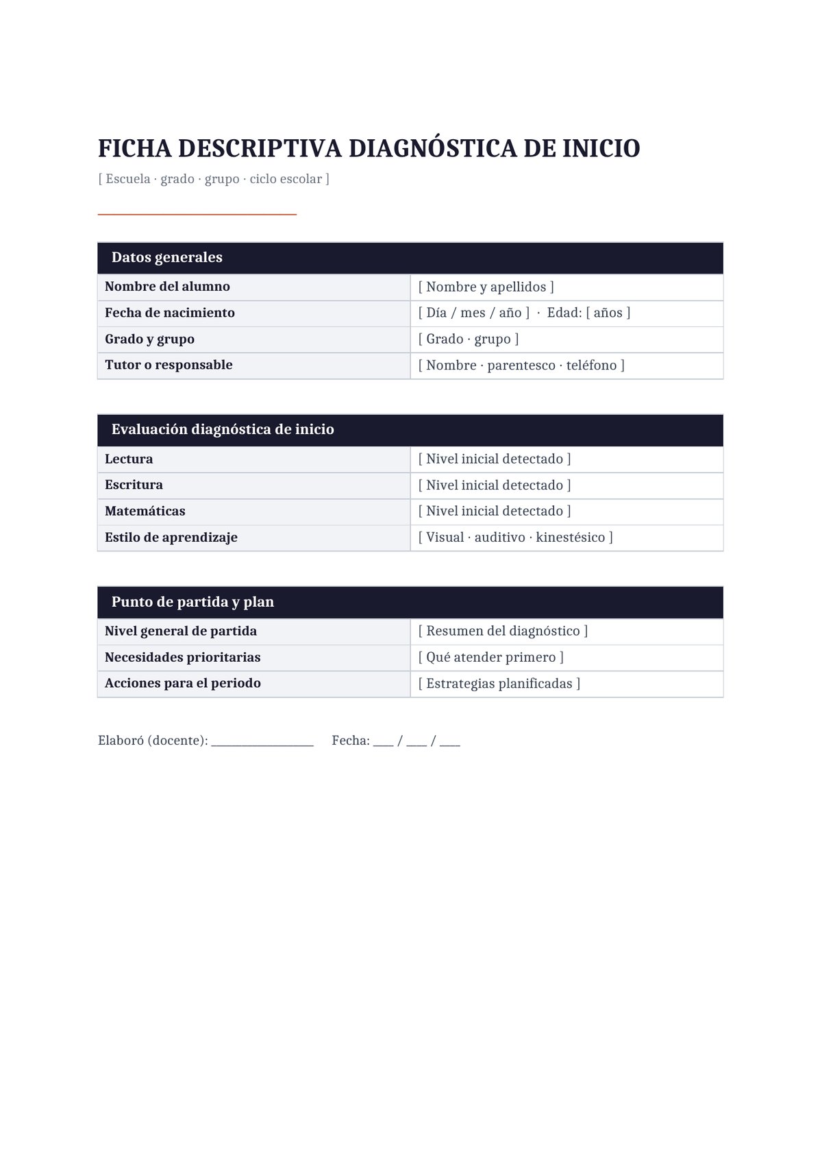 Plantilla Ficha descriptiva diagnóstica de inicio de curso