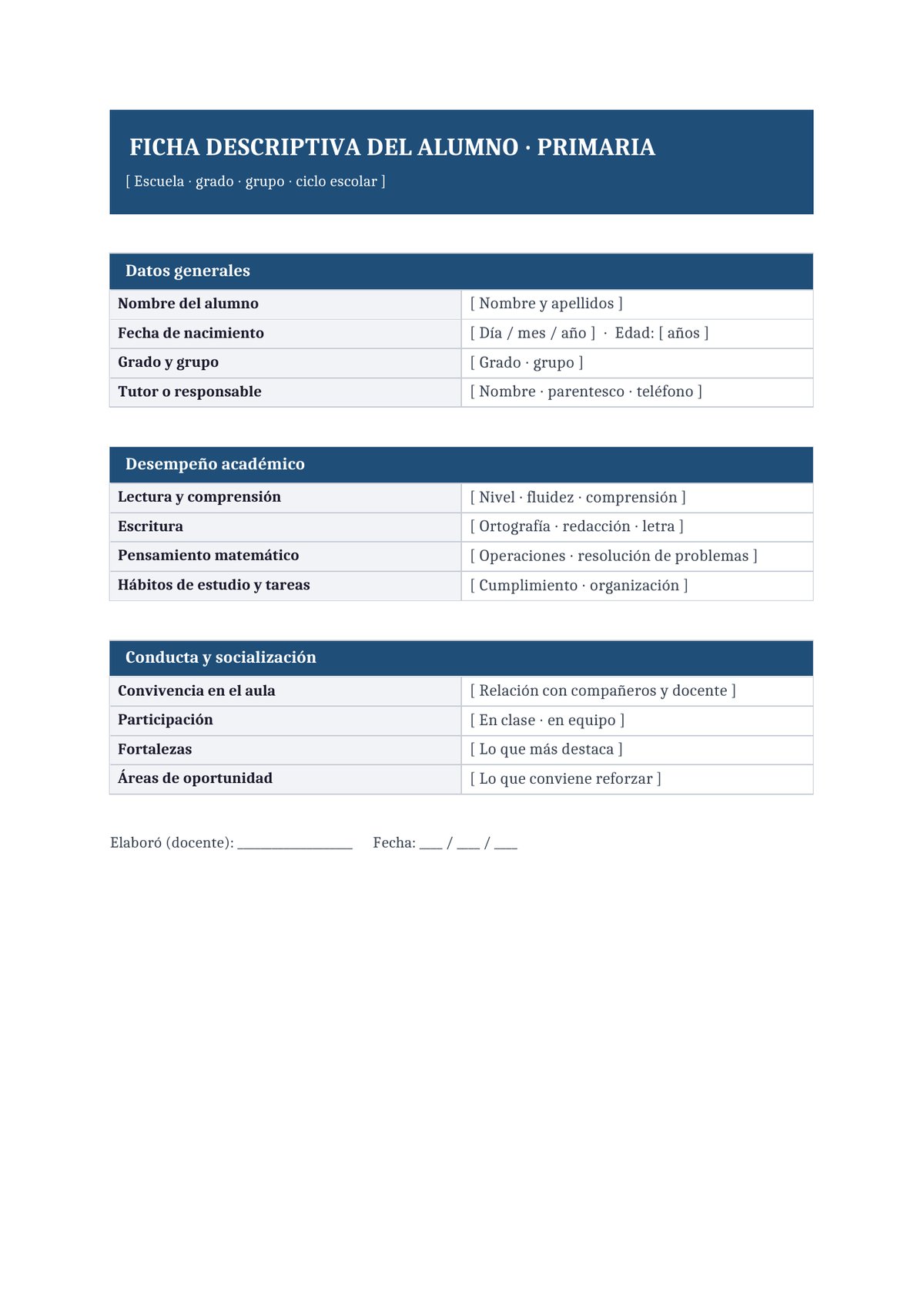 Plantilla Ficha descriptiva del alumno de primaria