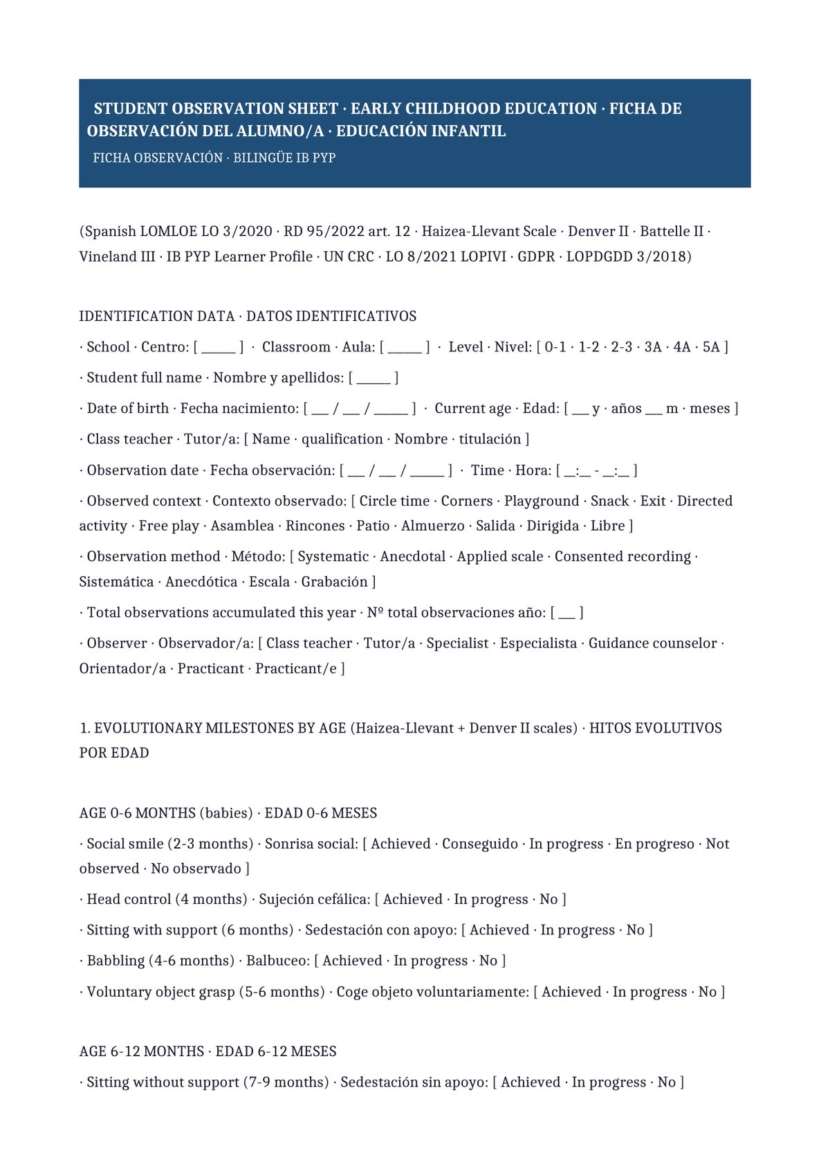 Plantilla Ficha observación niño/a bilingüe (ES + EN · IB PYP)